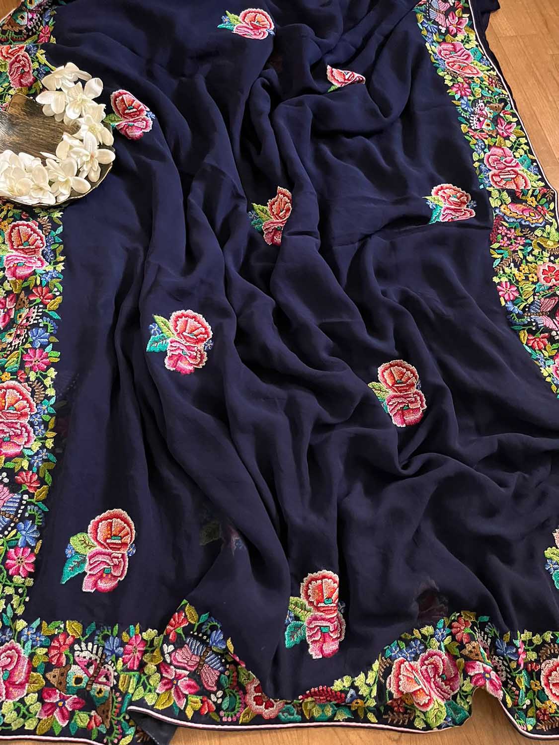 Exquisite Blue Hand Embroidered Parsi Gara Georgette Petit Point Saree - Luxurion World