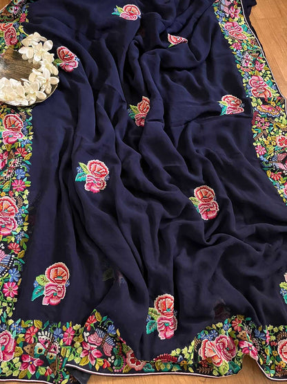 Exquisite Blue Hand Embroidered Parsi Gara Georgette Petit Point Saree - Luxurion World