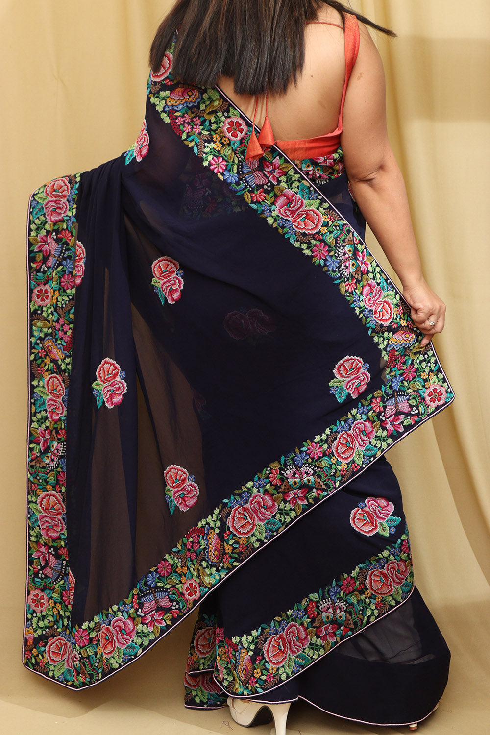 Exquisite Blue Hand Embroidered Parsi Gara Georgette Petit Point Saree - Luxurion World