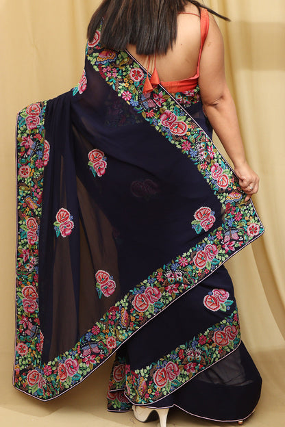 Exquisite Blue Hand Embroidered Parsi Gara Georgette Petit Point Saree - Luxurion World