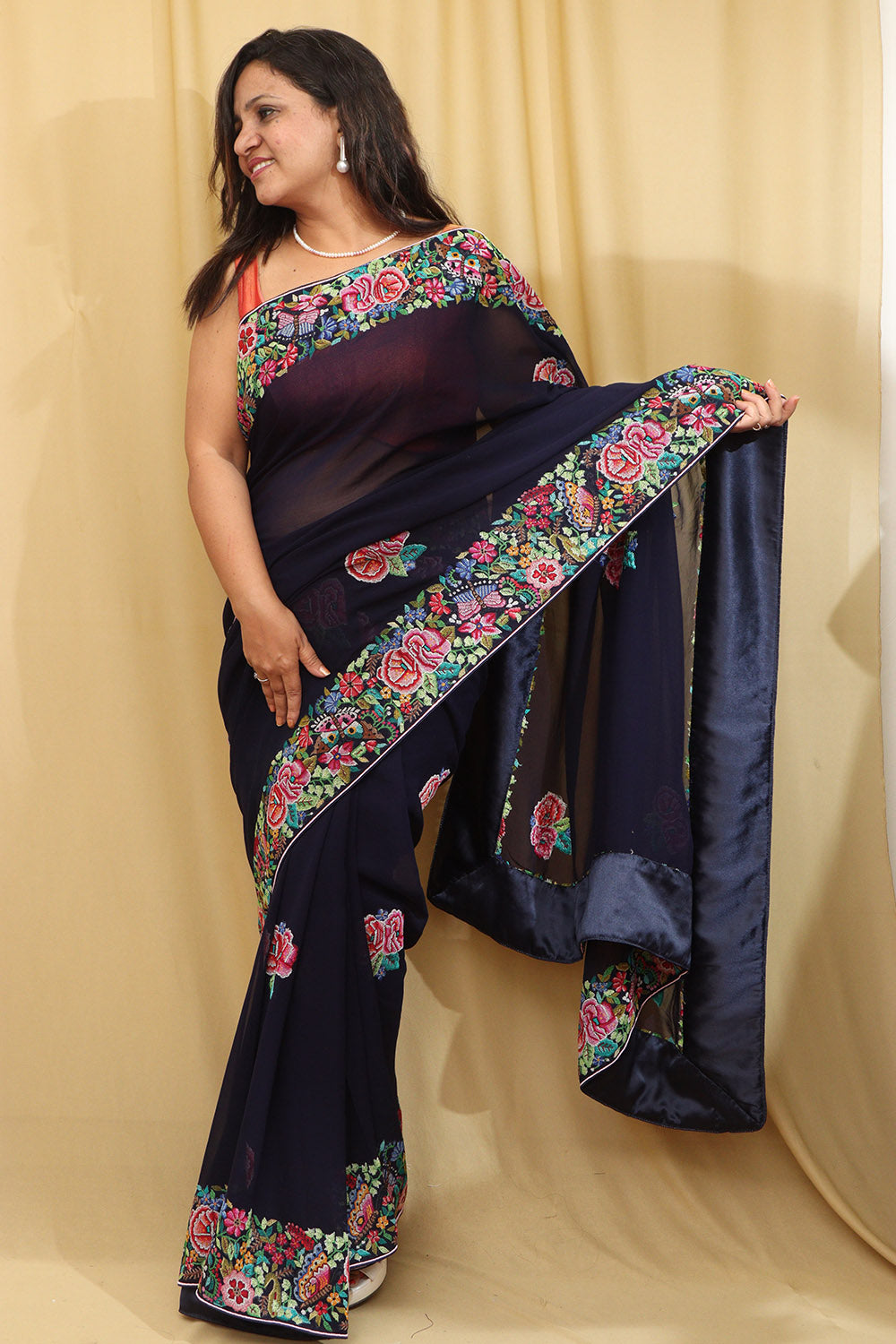 Exquisite Blue Hand Embroidered Parsi Gara Georgette Petit Point Saree - Luxurion World