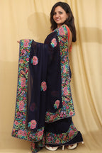 Exquisite Blue Hand Embroidered Parsi Gara Georgette Petit Point Saree - Luxurion World