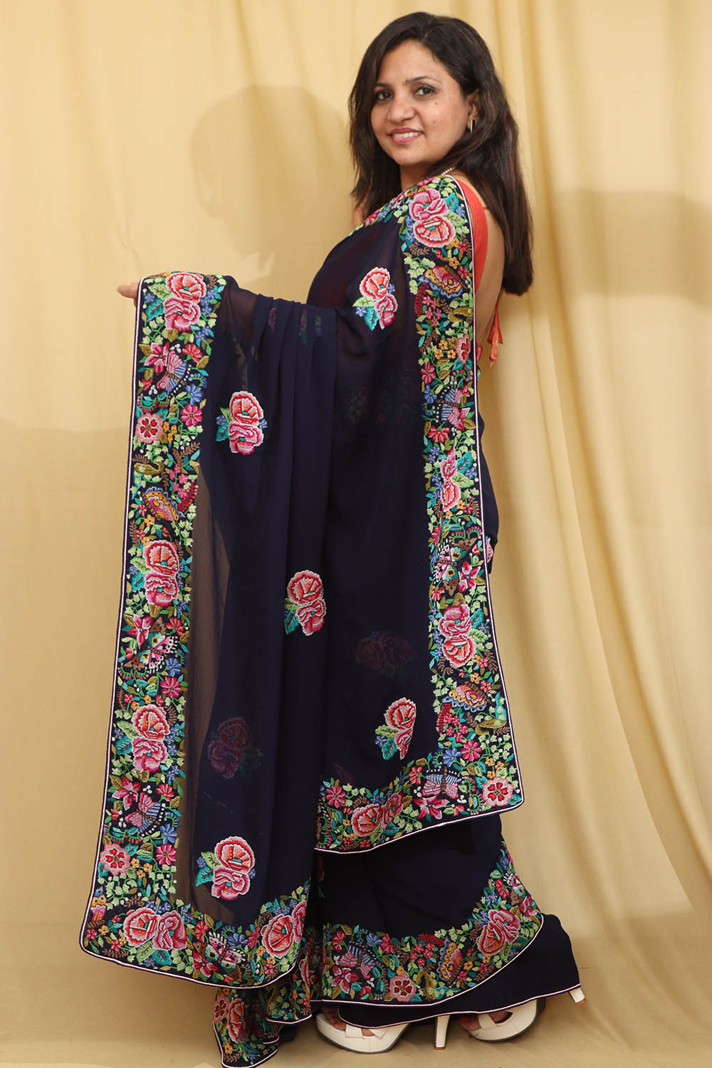 Exquisite Blue Hand Embroidered Parsi Gara Georgette Petit Point Saree - Luxurion World