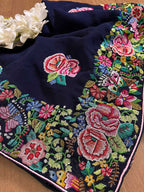 Exquisite Blue Hand Embroidered Parsi Gara Georgette Petit Point Saree - Luxurion World