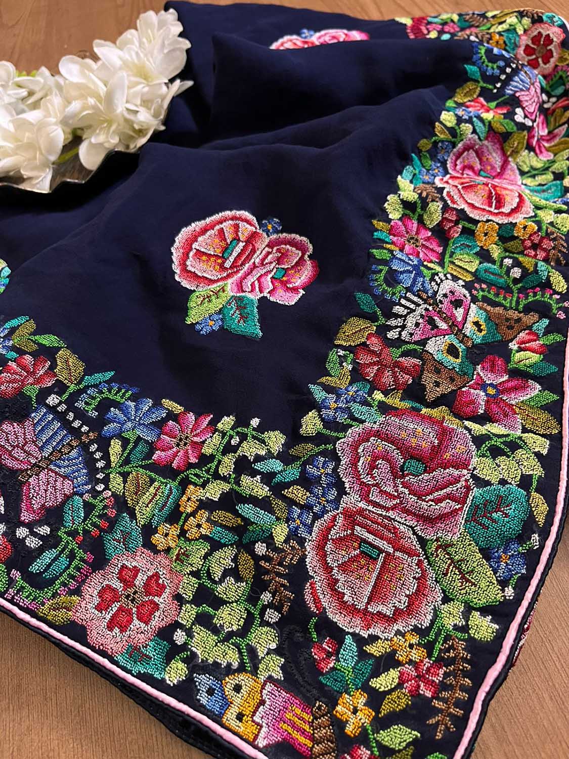 Exquisite Blue Hand Embroidered Parsi Gara Georgette Petit Point Saree - Luxurion World