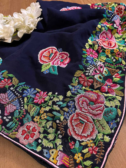 Exquisite Blue Hand Embroidered Parsi Gara Georgette Petit Point Saree - Luxurion World