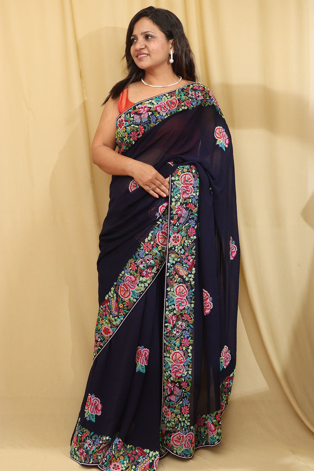 Exquisite Blue Hand Embroidered Parsi Gara Georgette Petit Point Saree - Luxurion World