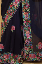 Exquisite Blue Hand Embroidered Parsi Gara Georgette Petit Point Saree - Luxurion World