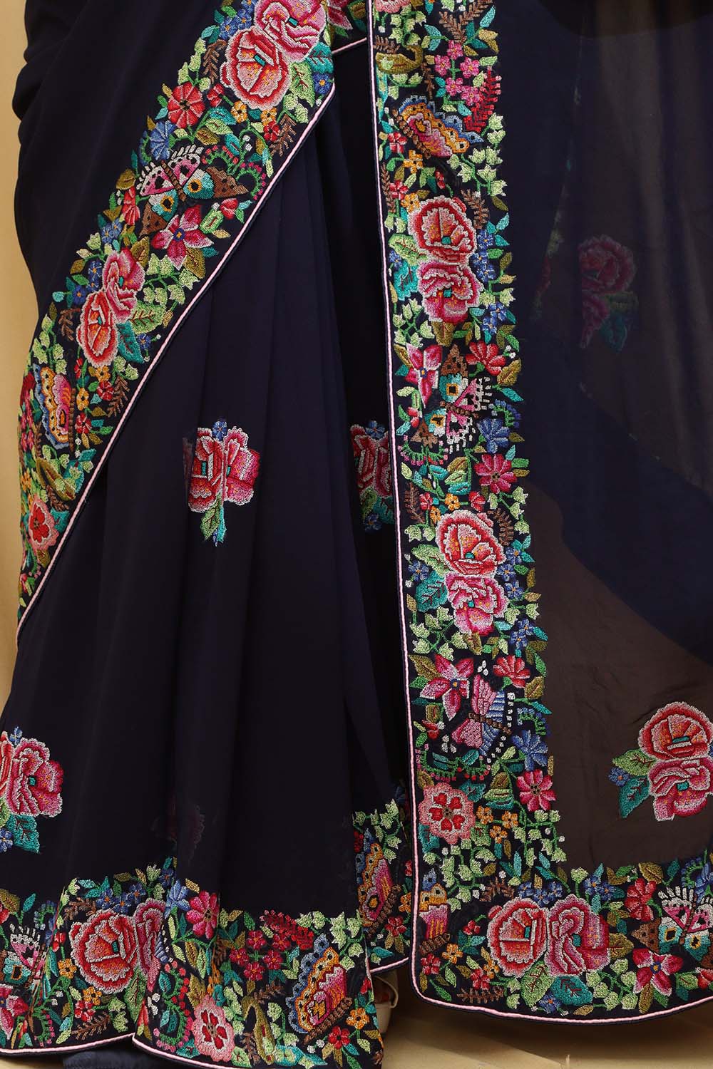 Exquisite Blue Hand Embroidered Parsi Gara Georgette Petit Point Saree - Luxurion World