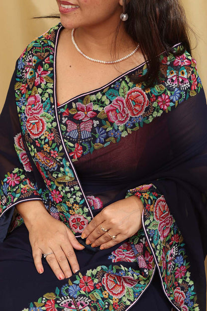 Exquisite Blue Hand Embroidered Parsi Gara Georgette Petit Point Saree - Luxurion World