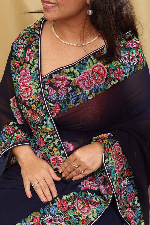 Exquisite Blue Hand Embroidered Parsi Gara Georgette Petit Point Saree - Luxurion World