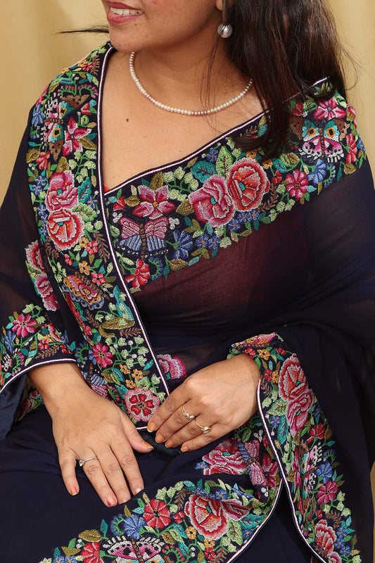 Exquisite Blue Hand Embroidered Parsi Gara Georgette Petit Point Saree - Luxurion World