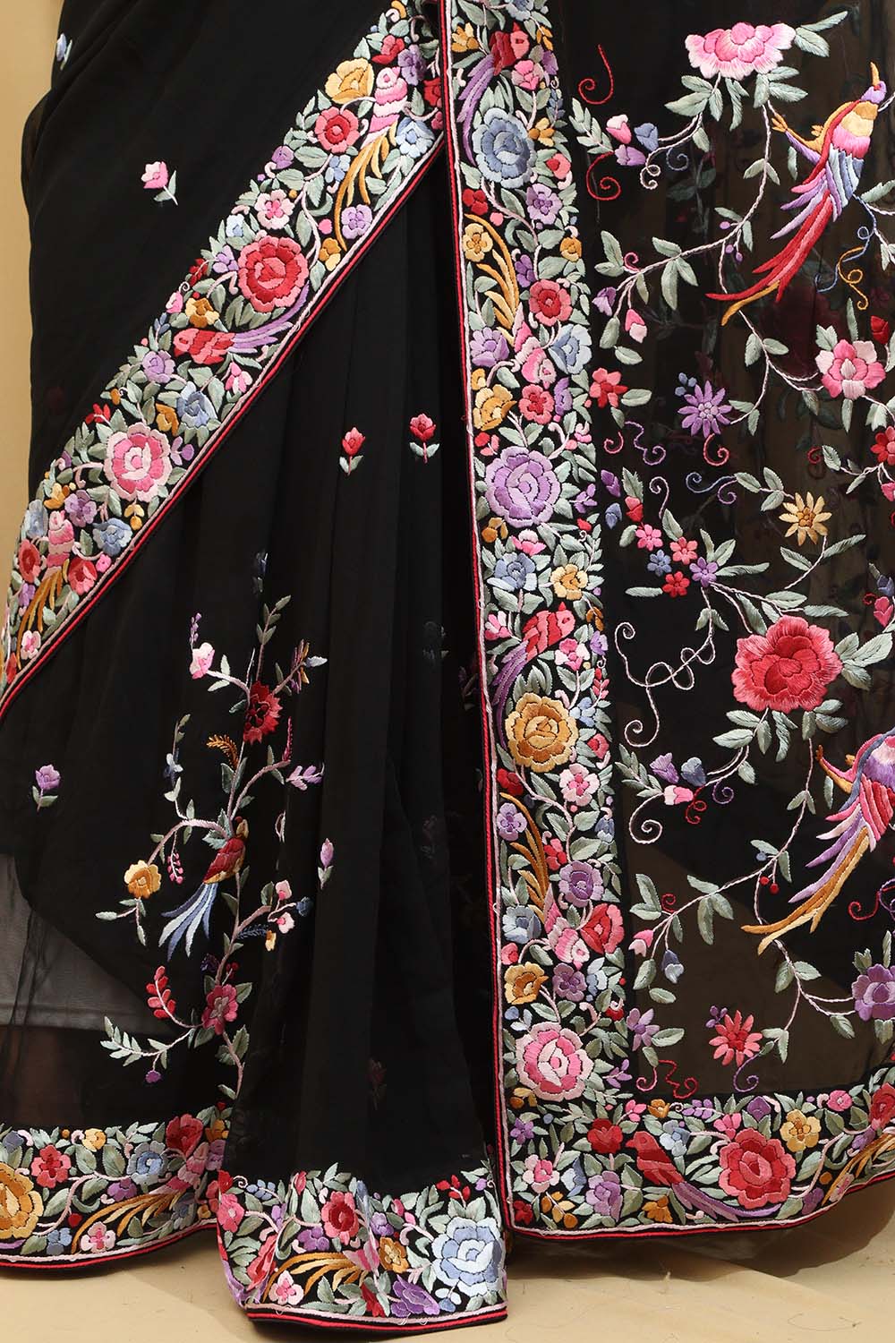 Exquisite Black Hand Embroidered Parsi Gara Saree - Luxurion World