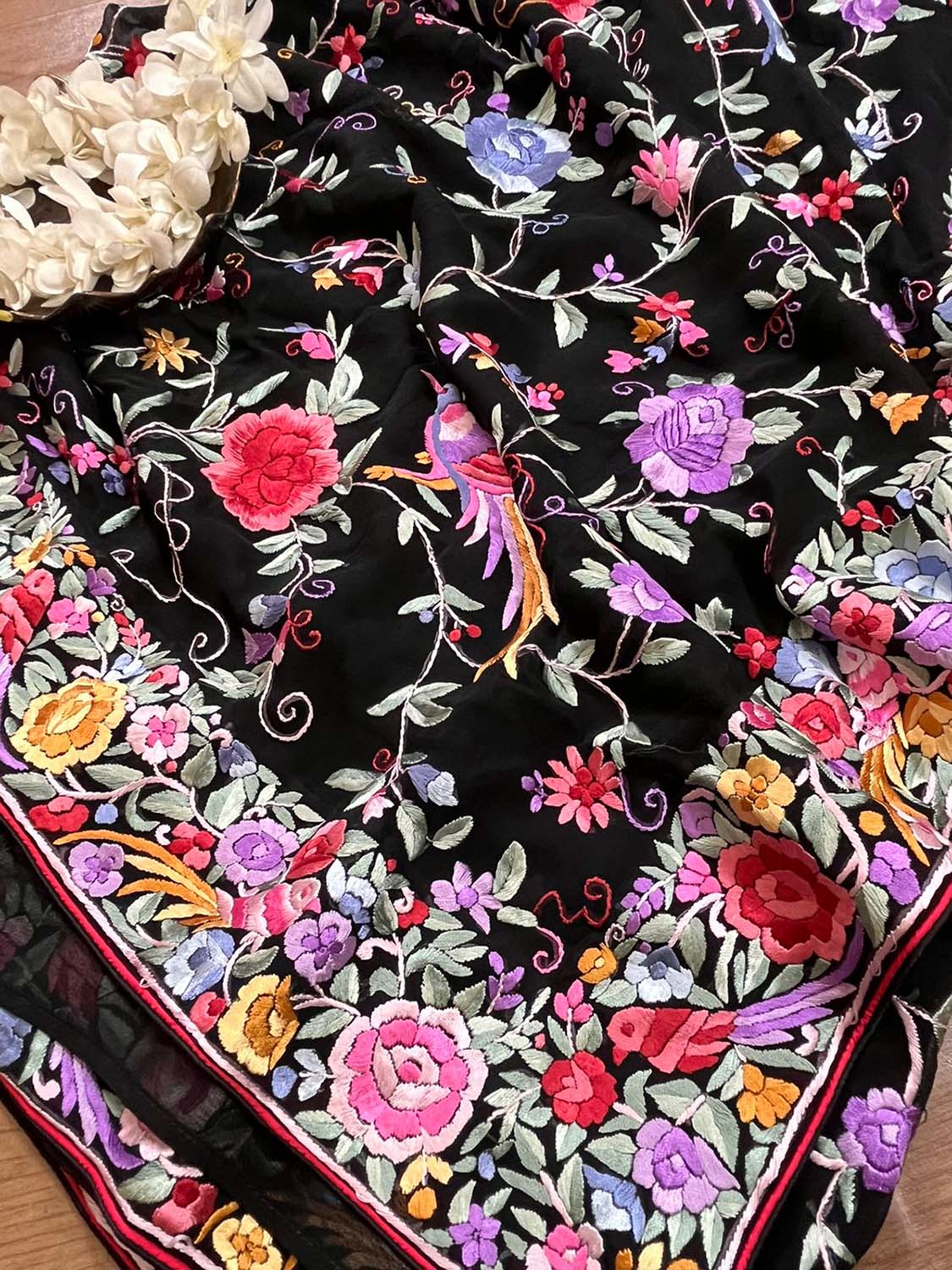 Exquisite Black Hand Embroidered Parsi Gara Saree - Luxurion World