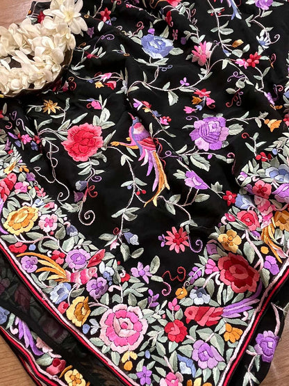 Exquisite Black Hand Embroidered Parsi Gara Saree - Luxurion World