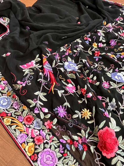 Exquisite Black Hand Embroidered Parsi Gara Saree - Luxurion World