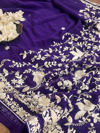 Purple Hand Embroidered Parsi Gara Georgette Saree - Luxurion World