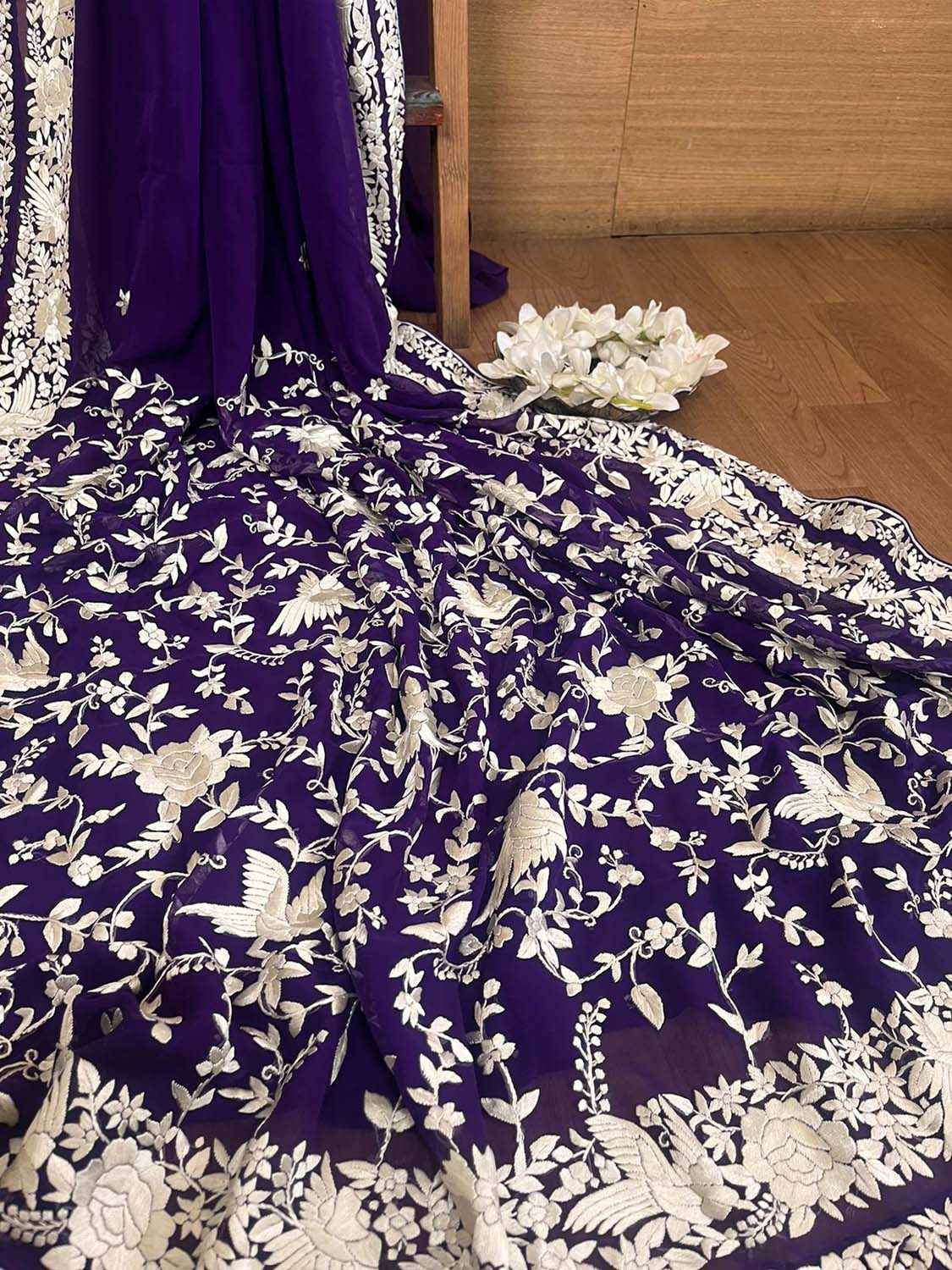 Purple Hand Embroidered Parsi Gara Georgette Saree - Luxurion World