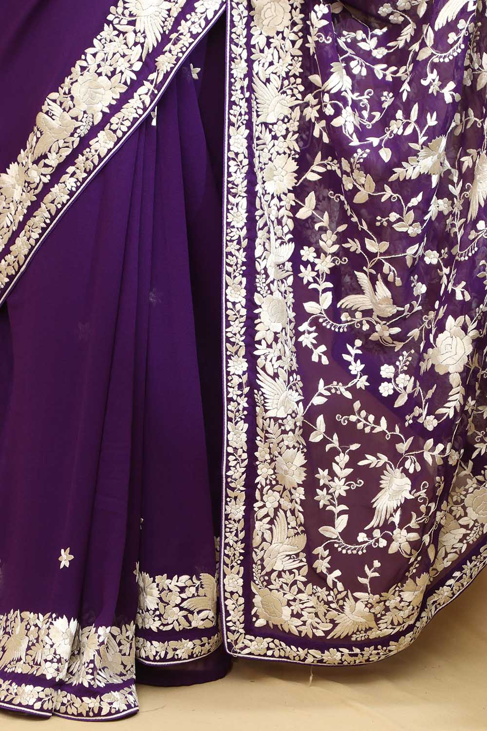 Purple Hand Embroidered Parsi Gara Georgette Saree - Luxurion World