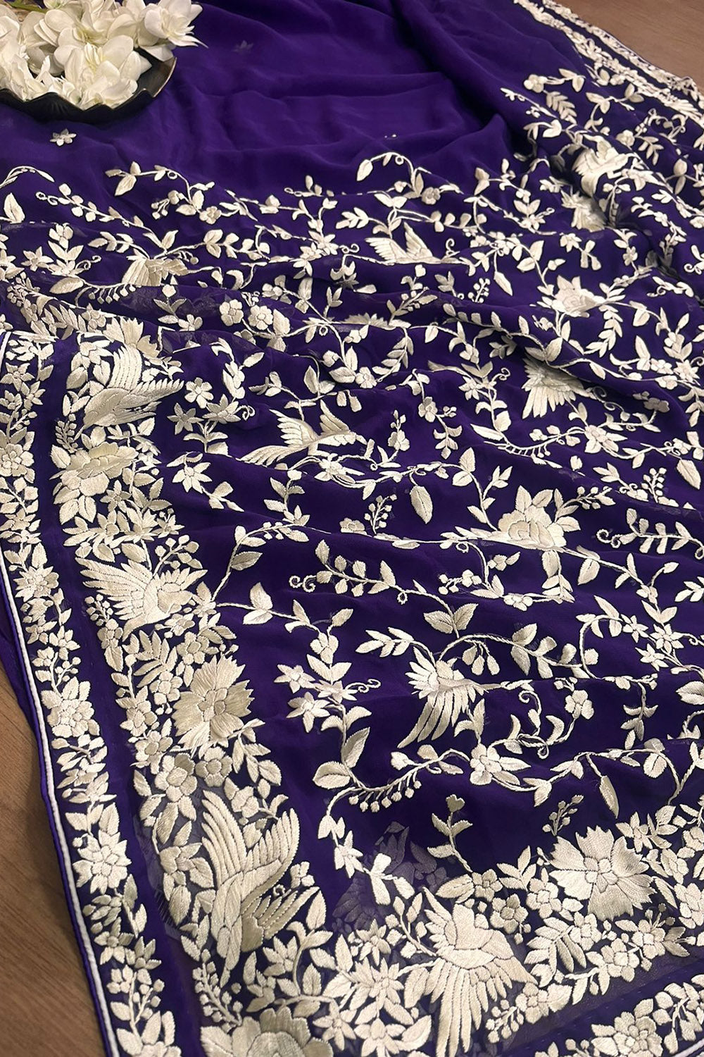 Purple Hand Embroidered Parsi Gara Georgette Saree - Luxurion World
