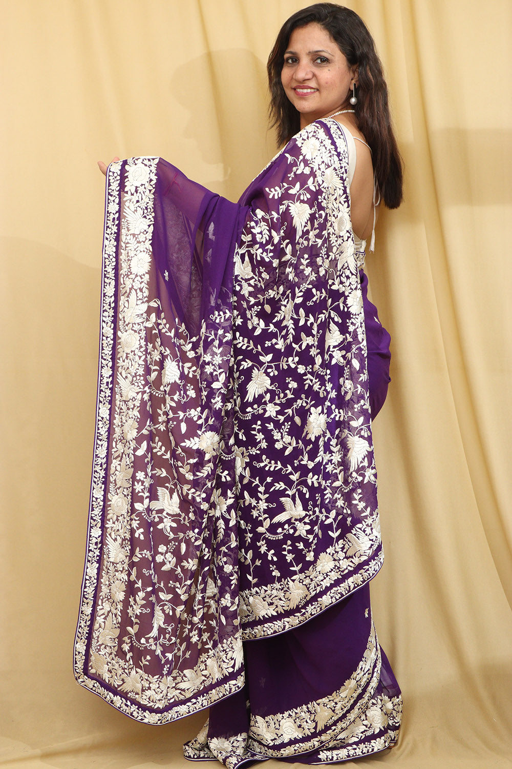 Purple Hand Embroidered Parsi Gara Georgette Saree - Luxurion World