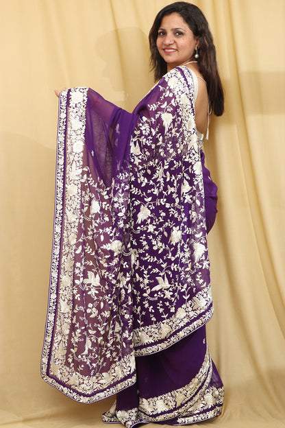 Purple Hand Embroidered Parsi Gara Georgette Saree - Luxurion World