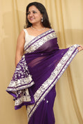 Purple Hand Embroidered Parsi Gara Georgette Saree - Luxurion World