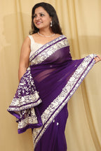 Purple Hand Embroidered Parsi Gara Georgette Saree - Luxurion World