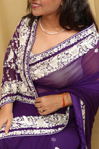 Purple Hand Embroidered Parsi Gara Georgette Saree - Luxurion World