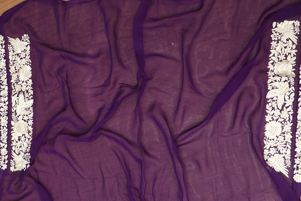 Purple Hand Embroidered Parsi Gara Georgette Saree - Luxurion World