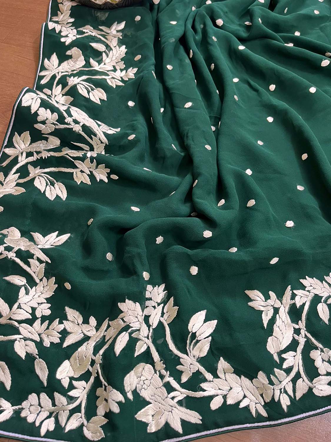 Exquisite Green Hand Embroidered Parsi Gara Saree - Luxurion World
