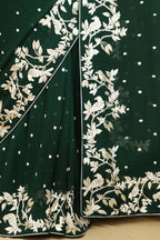 Exquisite Green Hand Embroidered Parsi Gara Pure Georgette Saree - Luxurion World