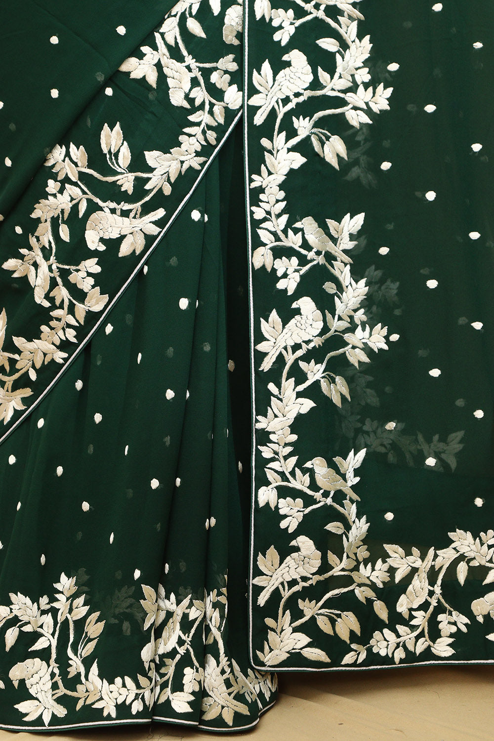 Exquisite Green Hand Embroidered Parsi Gara Pure Georgette Saree - Luxurion World