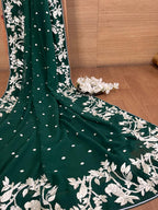 Exquisite Green Hand Embroidered Parsi Gara Pure Georgette Saree - Luxurion World