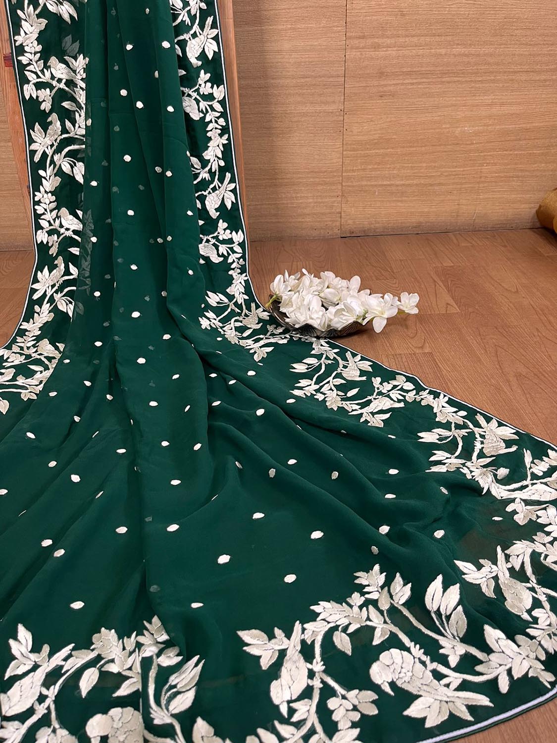 Exquisite Green Hand Embroidered Parsi Gara Pure Georgette Saree - Luxurion World