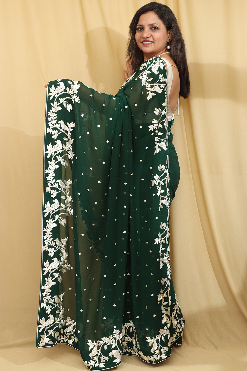 Exquisite Green Hand Embroidered Parsi Gara Pure Georgette Saree - Luxurion World