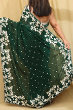 Exquisite Green Hand Embroidered Parsi Gara Pure Georgette Saree - Luxurion World