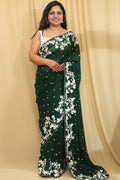 Exquisite Green Hand Embroidered Parsi Gara Pure Georgette Saree - Luxurion World
