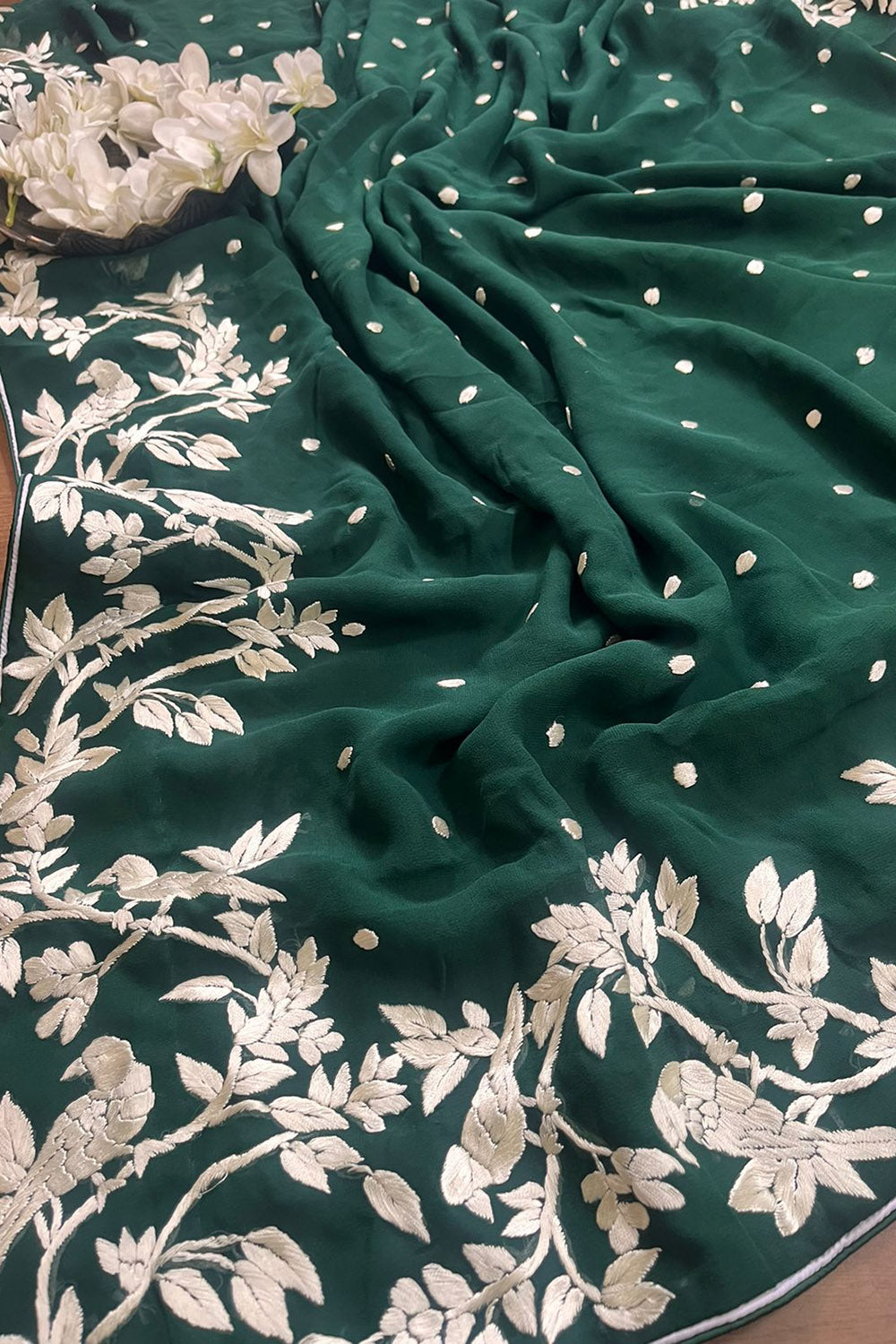 Exquisite Green Hand Embroidered Parsi Gara Pure Georgette Saree - Luxurion World
