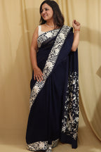 Blue Hand Embroidered Parsi Gara Pure Georgette Saree - Luxurion World