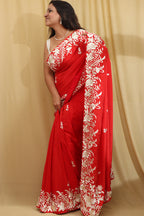 Exquisite Red Hand Embroidered Parsi Gara Crepe Saree - Luxurion World
