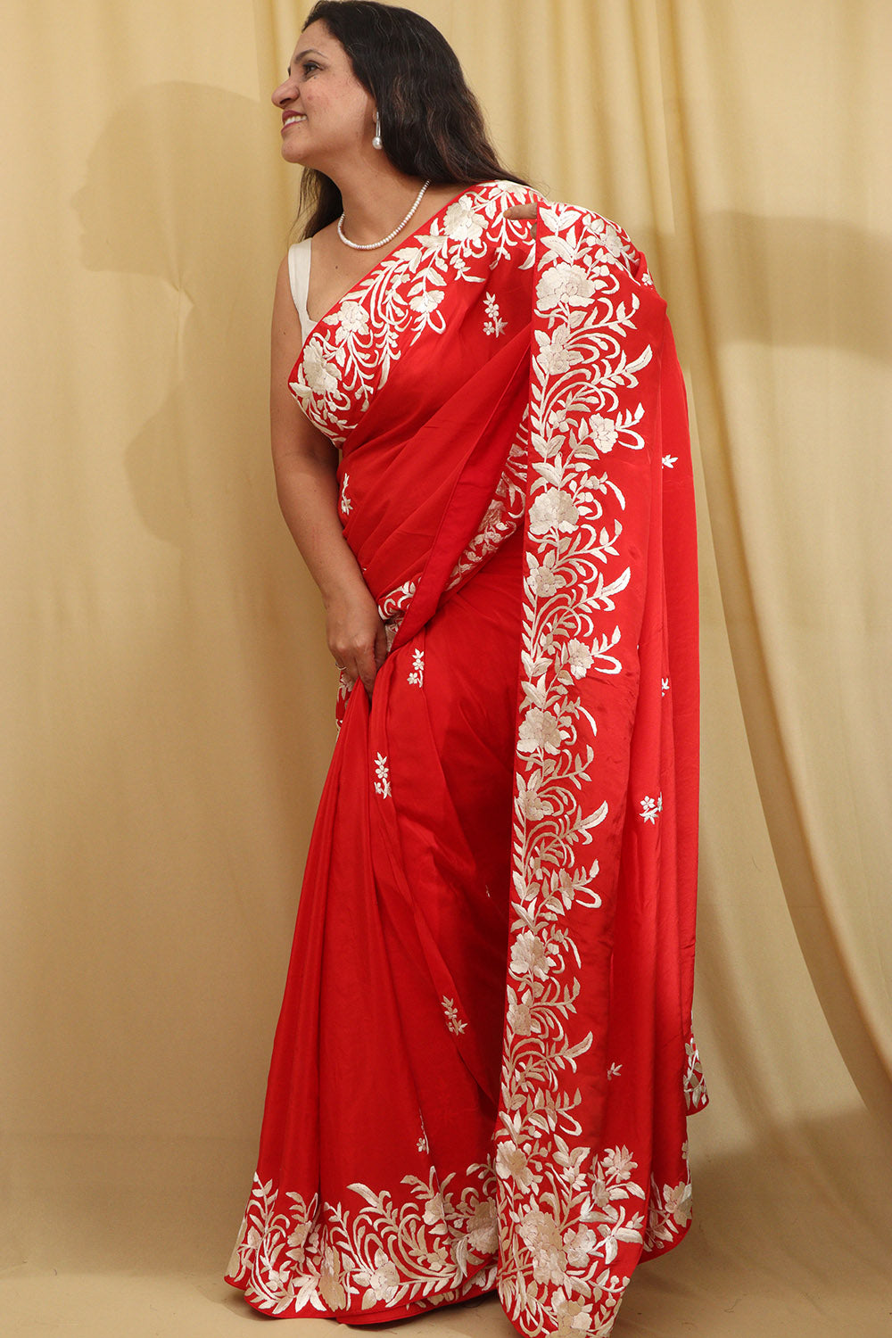 Exquisite Red Hand Embroidered Parsi Gara Crepe Saree - Luxurion World