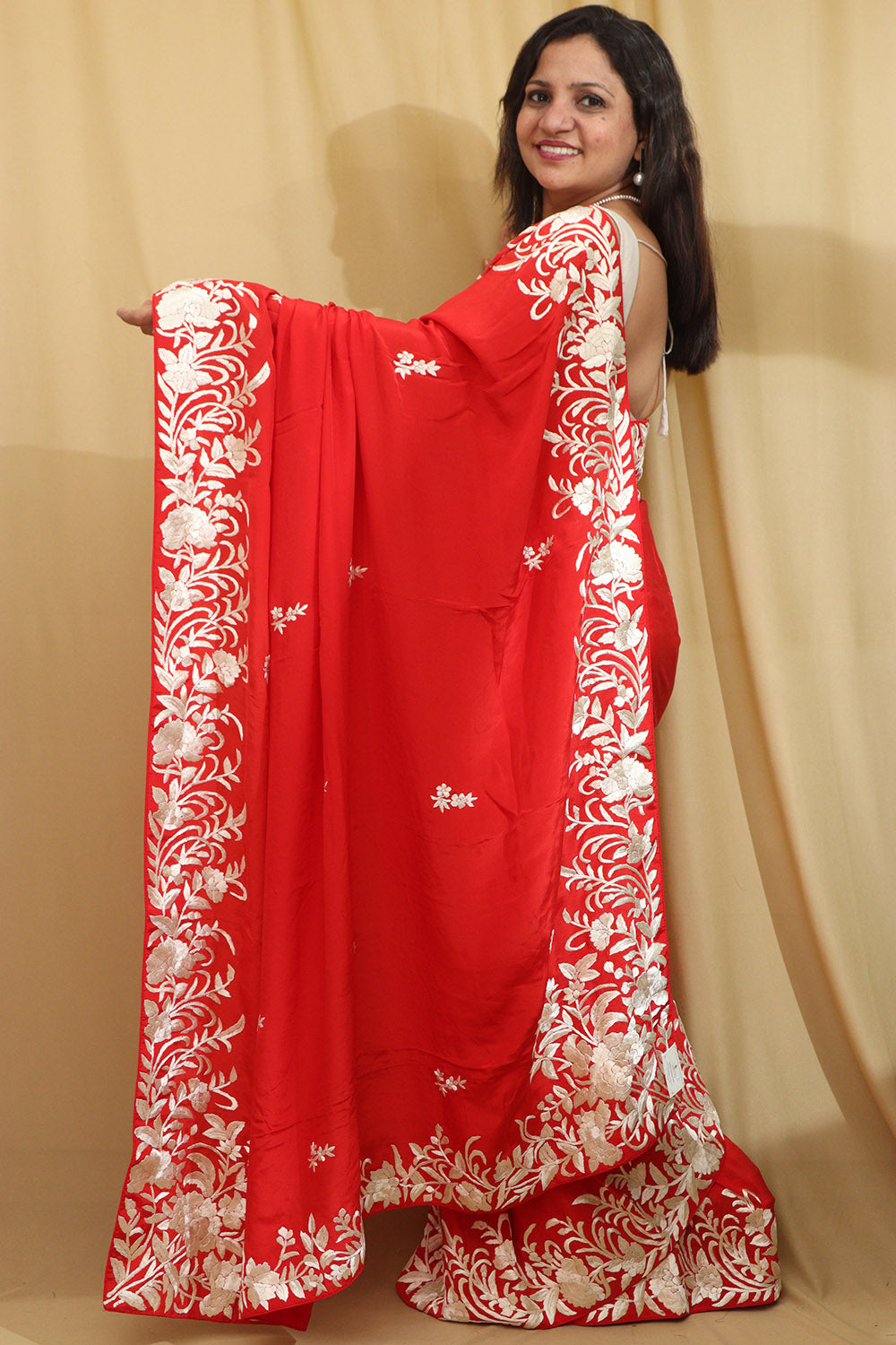 Exquisite Red Hand Embroidered Parsi Gara Crepe Saree - Luxurion World