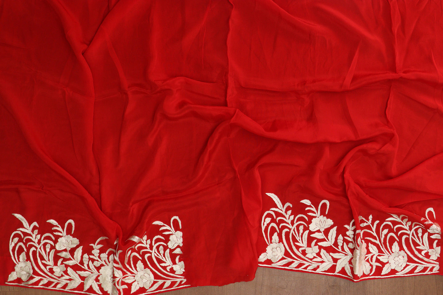 Exquisite Red Hand Embroidered Parsi Gara Crepe Saree - Luxurion World