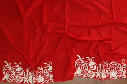Exquisite Red Hand Embroidered Parsi Gara Crepe Saree - Luxurion World