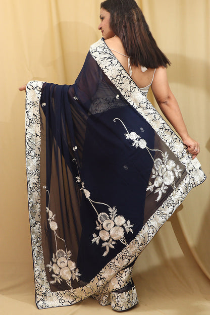 Exquisite Blue Hand Embroidered Parsi Gara Pure Georgette Saree - Luxurion World
