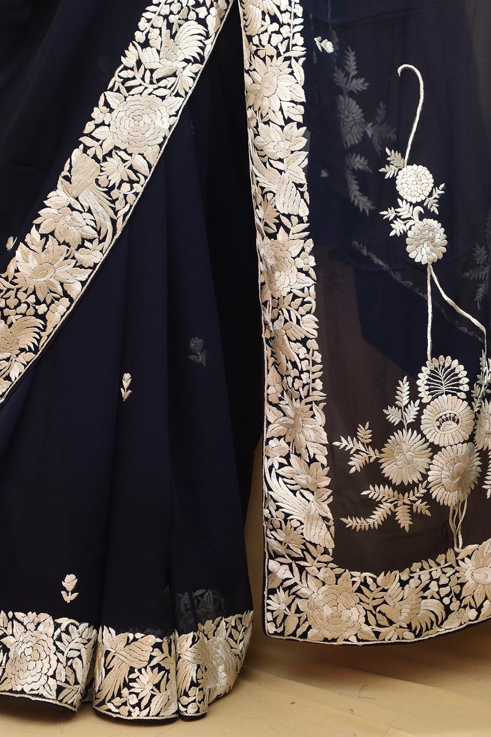 Exquisite Blue Hand Embroidered Parsi Gara Pure Georgette Saree - Luxurion World