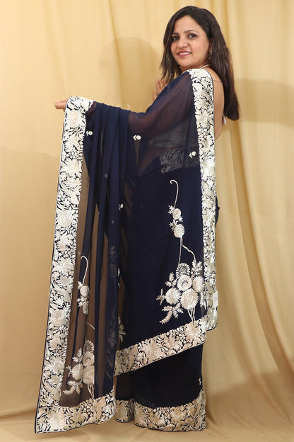Exquisite Blue Hand Embroidered Parsi Gara Pure Georgette Saree - Luxurion World