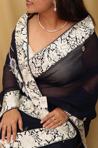 Exquisite Blue Hand Embroidered Parsi Gara Pure Georgette Saree - Luxurion World