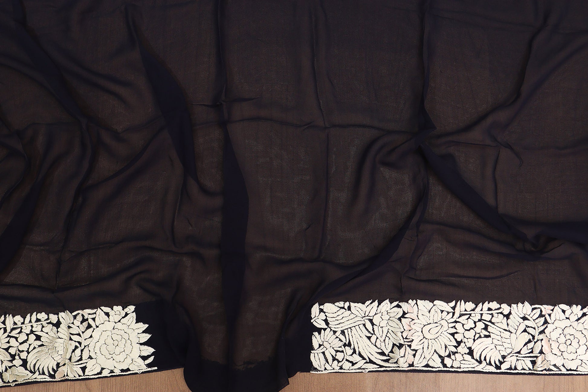 Exquisite Blue Hand Embroidered Parsi Gara Pure Georgette Saree - Luxurion World